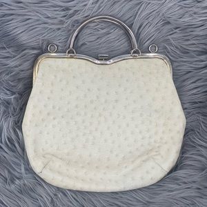 Vintage 70s White Faux Ostrich Top Handle Purse White Mini Clutch Metal